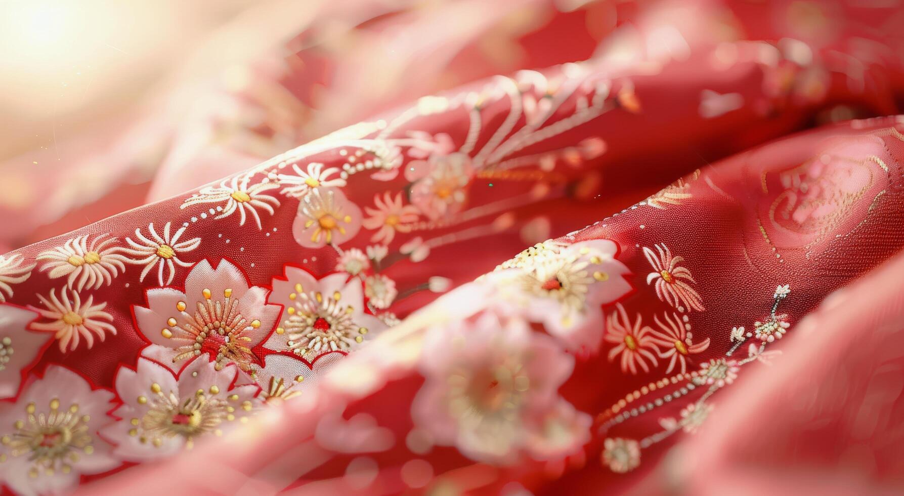 Vibrant Floral Embroidery on Red Fabric Displayed in Natural Light photo