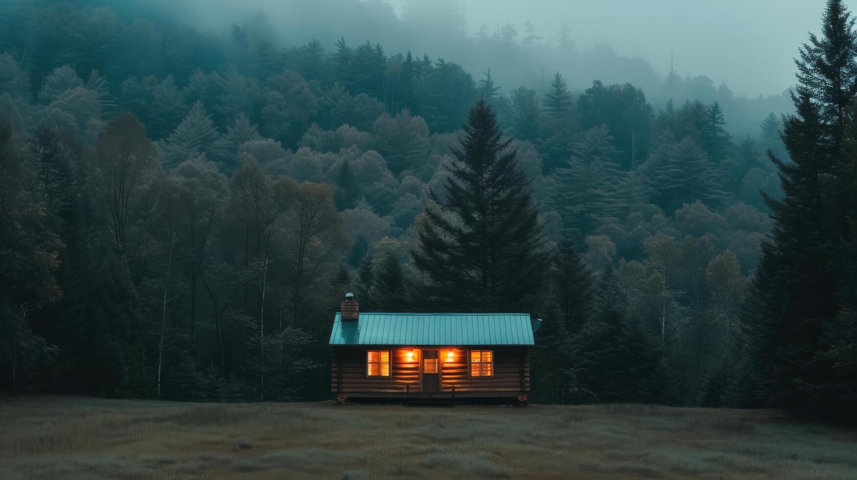 Cozy Log Cabin Surrounded by Misty Forest at Dusk photo