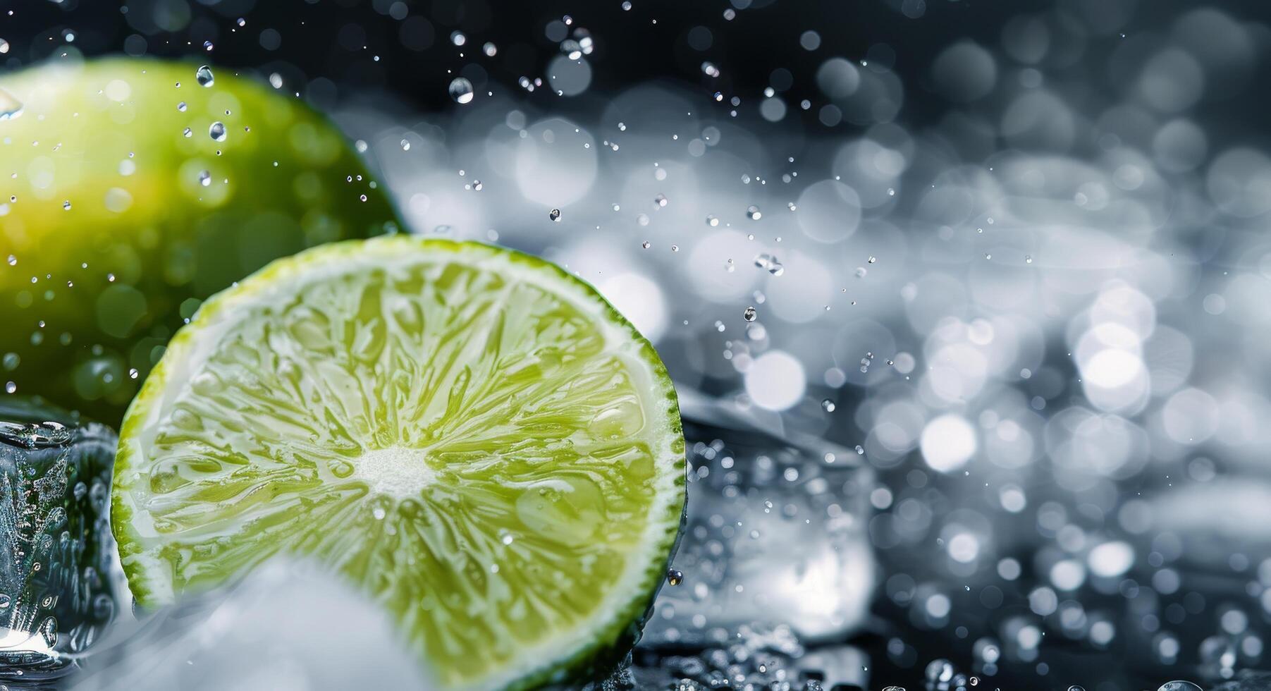 Fresh Lime Slices and Ice Cubes on a Reflective Surface photo