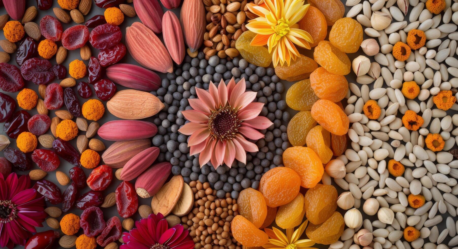 Freshly Arranged Nuts, Dried Fruits, and Spices on a Colorful Display Table photo