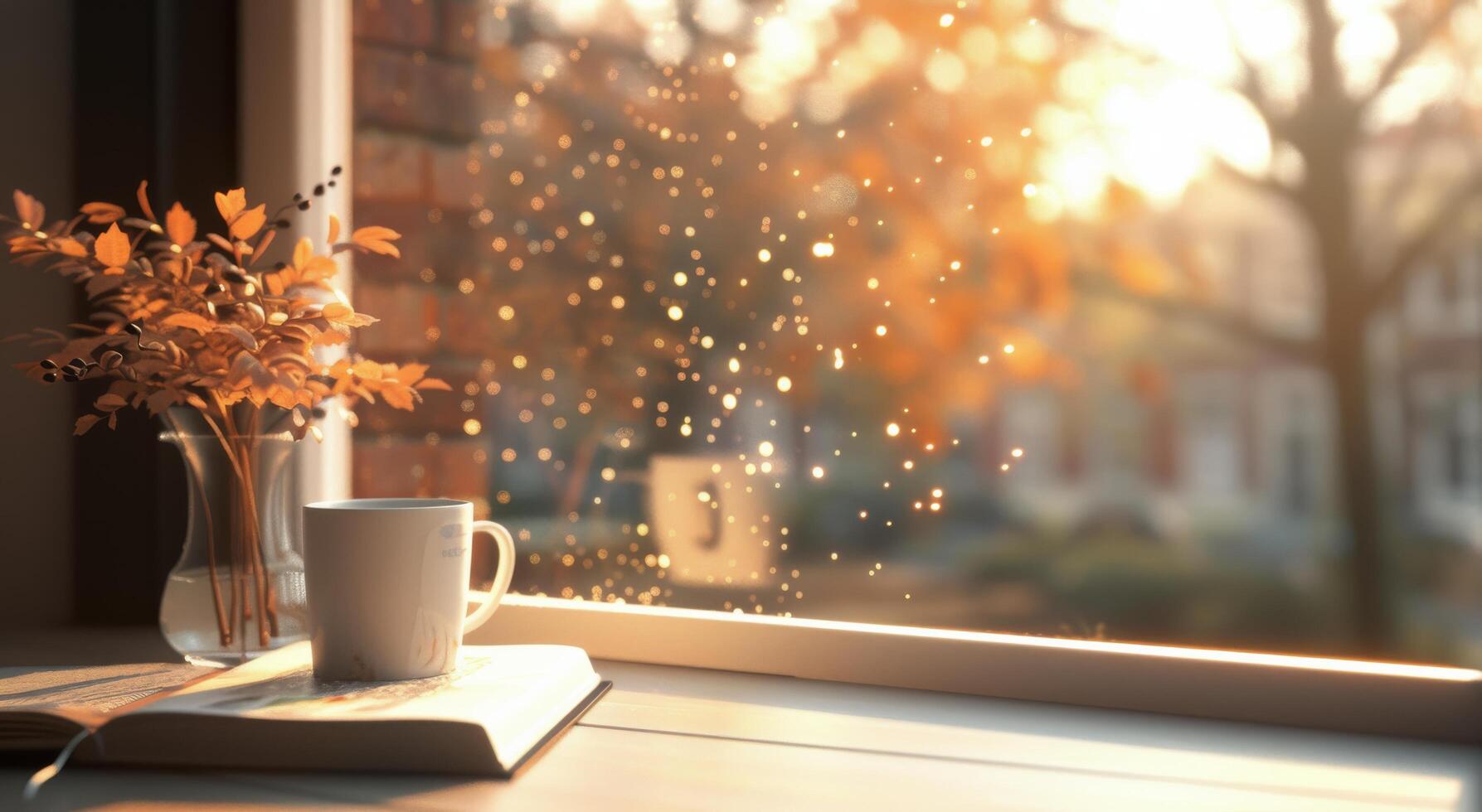 Cozy Morning by the Window With Coffee and Autumn Leaves in Soft Light photo