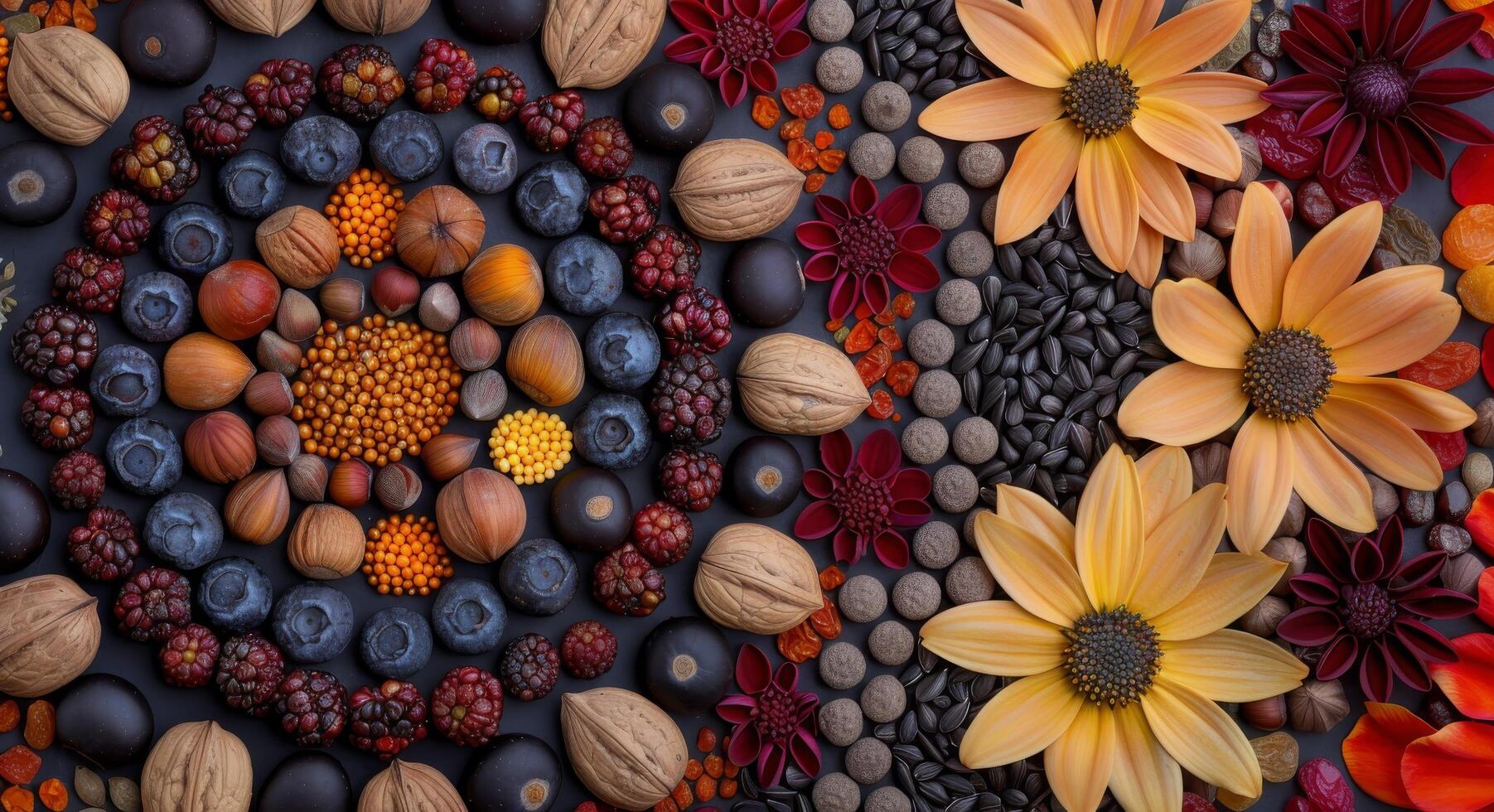 Colorful Assortment of Dried Fruits and Seeds on a Dark Surface photo