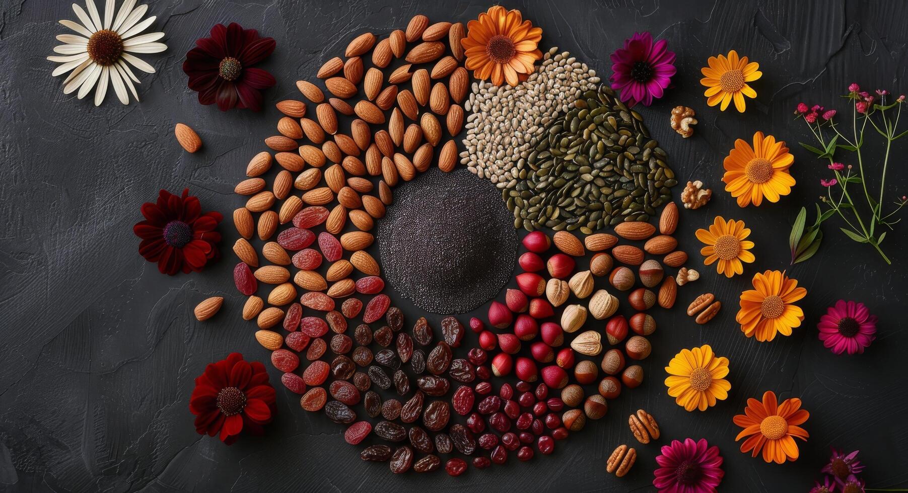 Colorful Assortment of Dried Fruits and Seeds on a Dark Surface photo