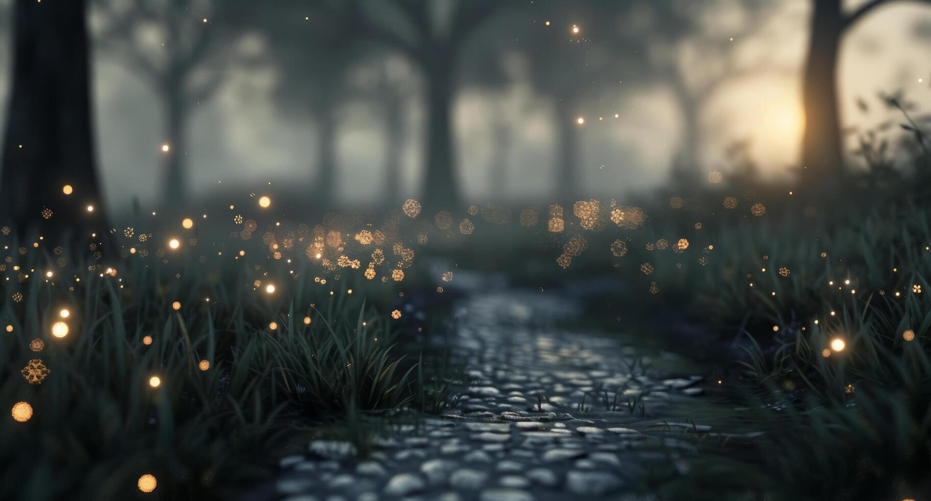 Enchanted Pathway Illuminated by Glowing Lanterns at Dusk in a Mystical Forest photo
