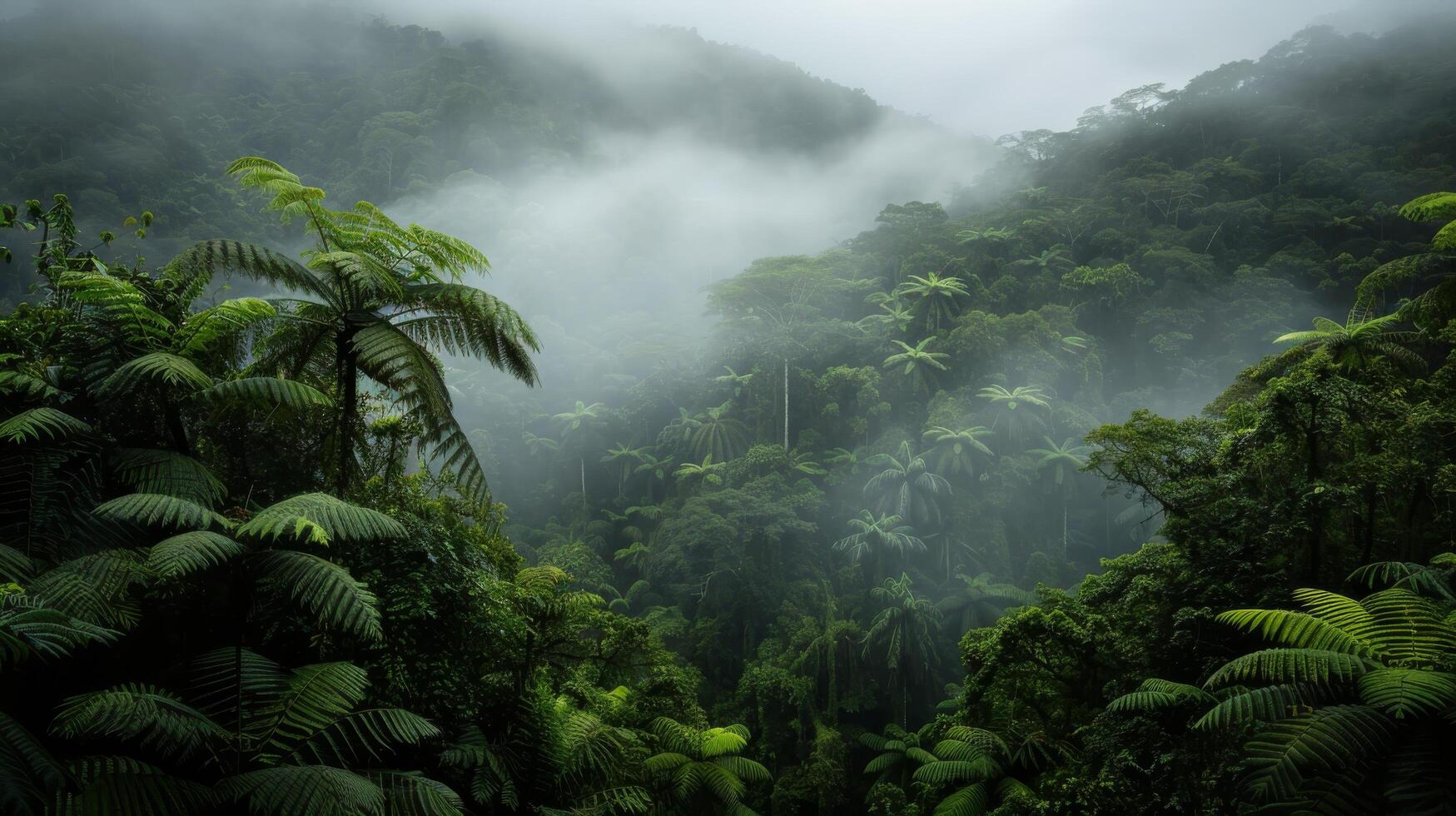 Overhead View of Dense Forest With Green and Yellow Trees in Foggy Conditions photo