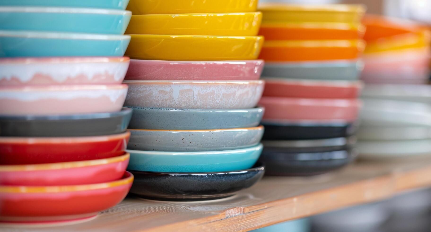 Colorful Stacked Bowls Displayed on a Wooden Shelf in a Market photo