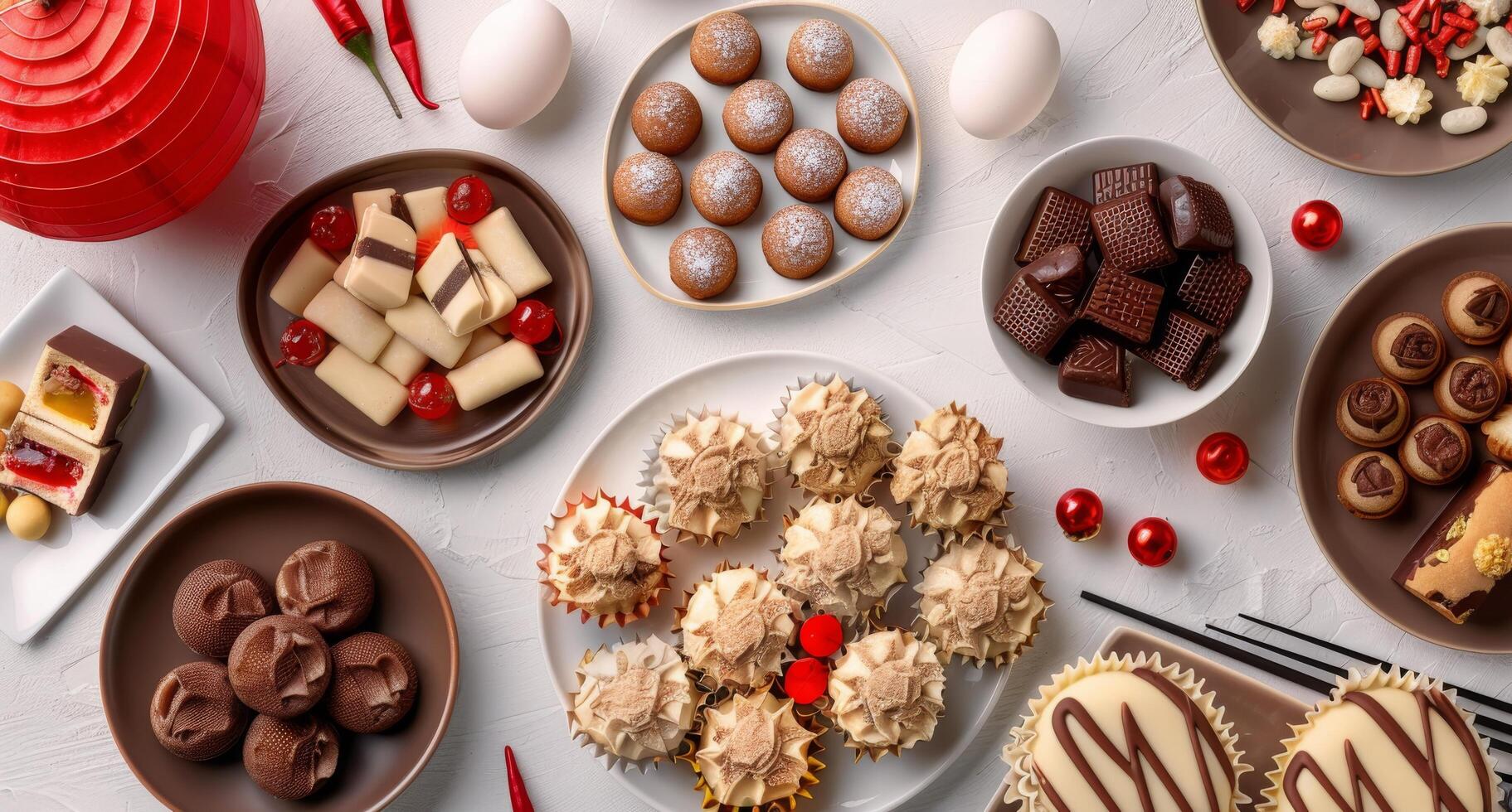 Assorted Holiday Cookies and Treats Served With Tea on a Festive Table photo
