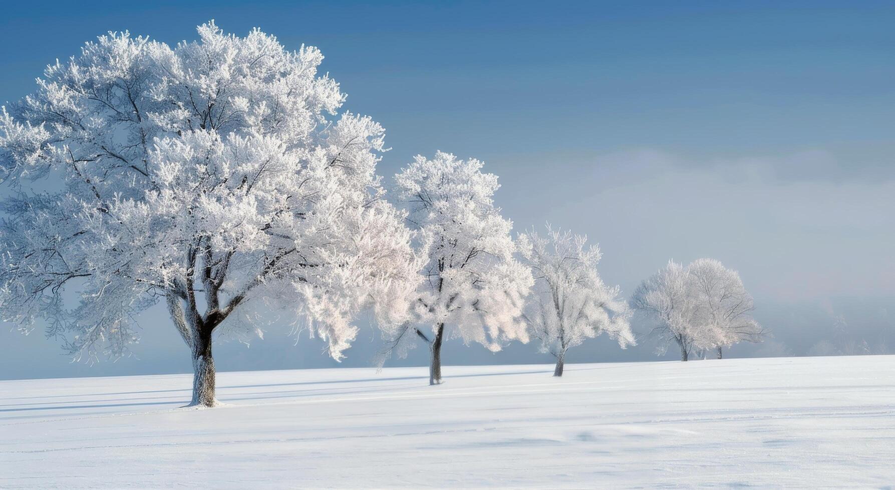 Winter Landscape With Snow-Covered Trees and Birds in a Frosty Field photo