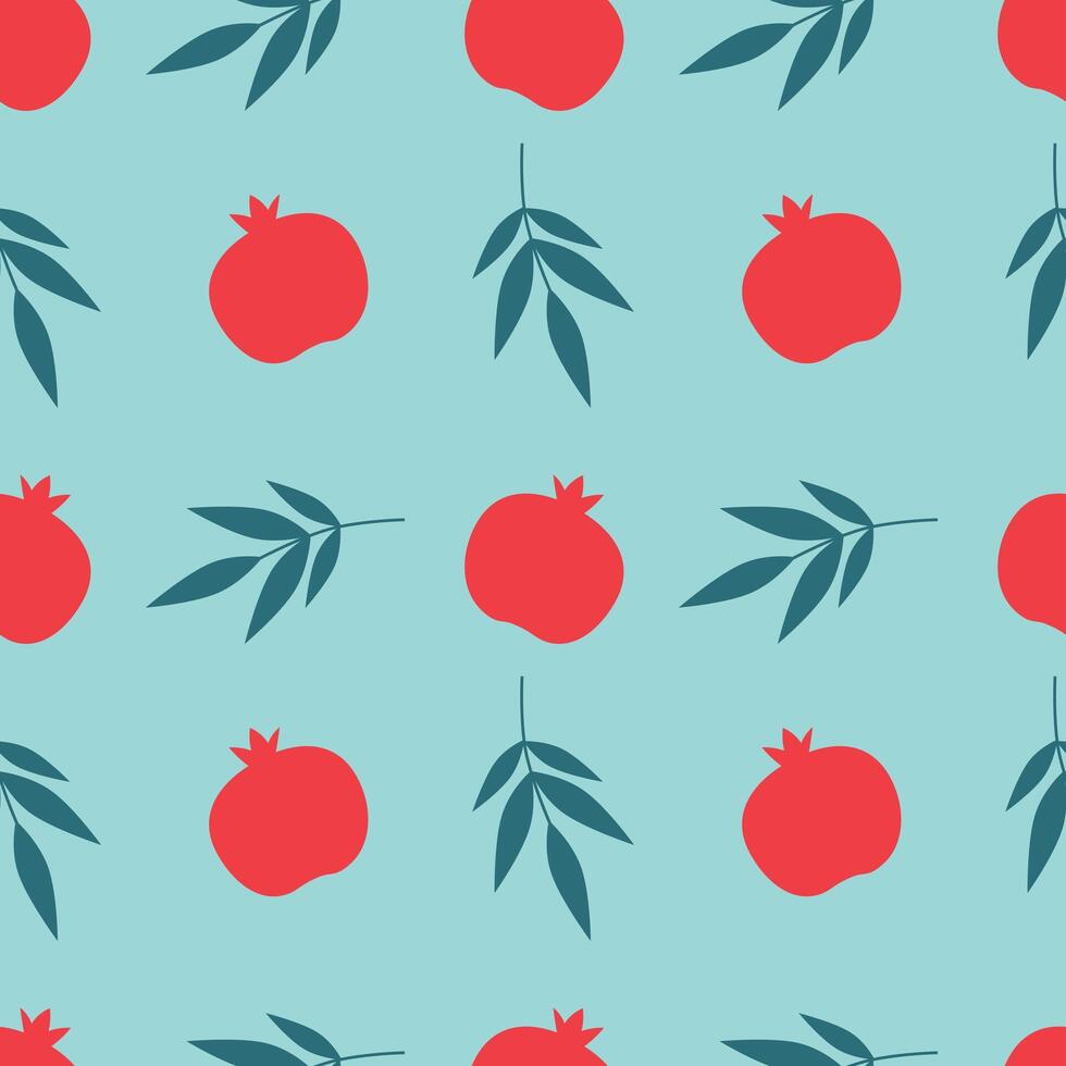 Rosh Hashanah seamless pattern. Red pomegranate and blue leaves on a turquoise background. illustration for fabric, wrapping paper, packaging, card vector