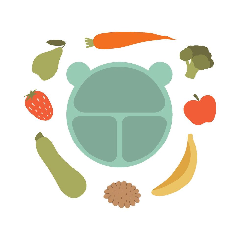 Baby food and cute plate with ears. Various fruits and vegetables. Isolated illustration vector