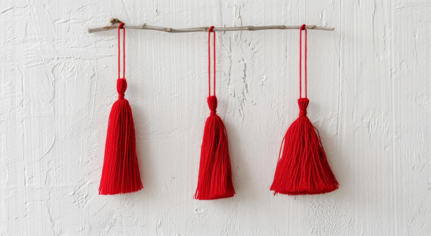 Red Decorative Tassels Hanging on a Branch Against a Rustic White Background photo