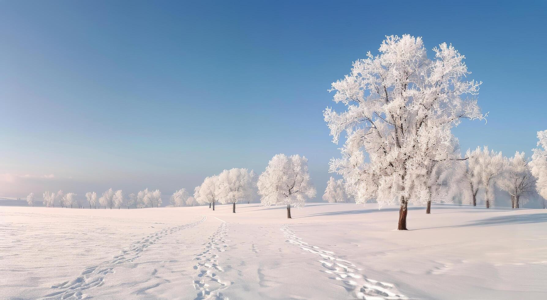 Snow-Covered Landscape With Frosty Trees and Footprints During Winter Morning photo