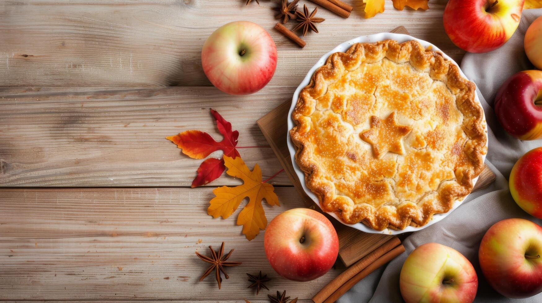 Freshly Baked Apple Pie Surrounded by Apples and Autumn Leaves on Rustic Wooden Table photo