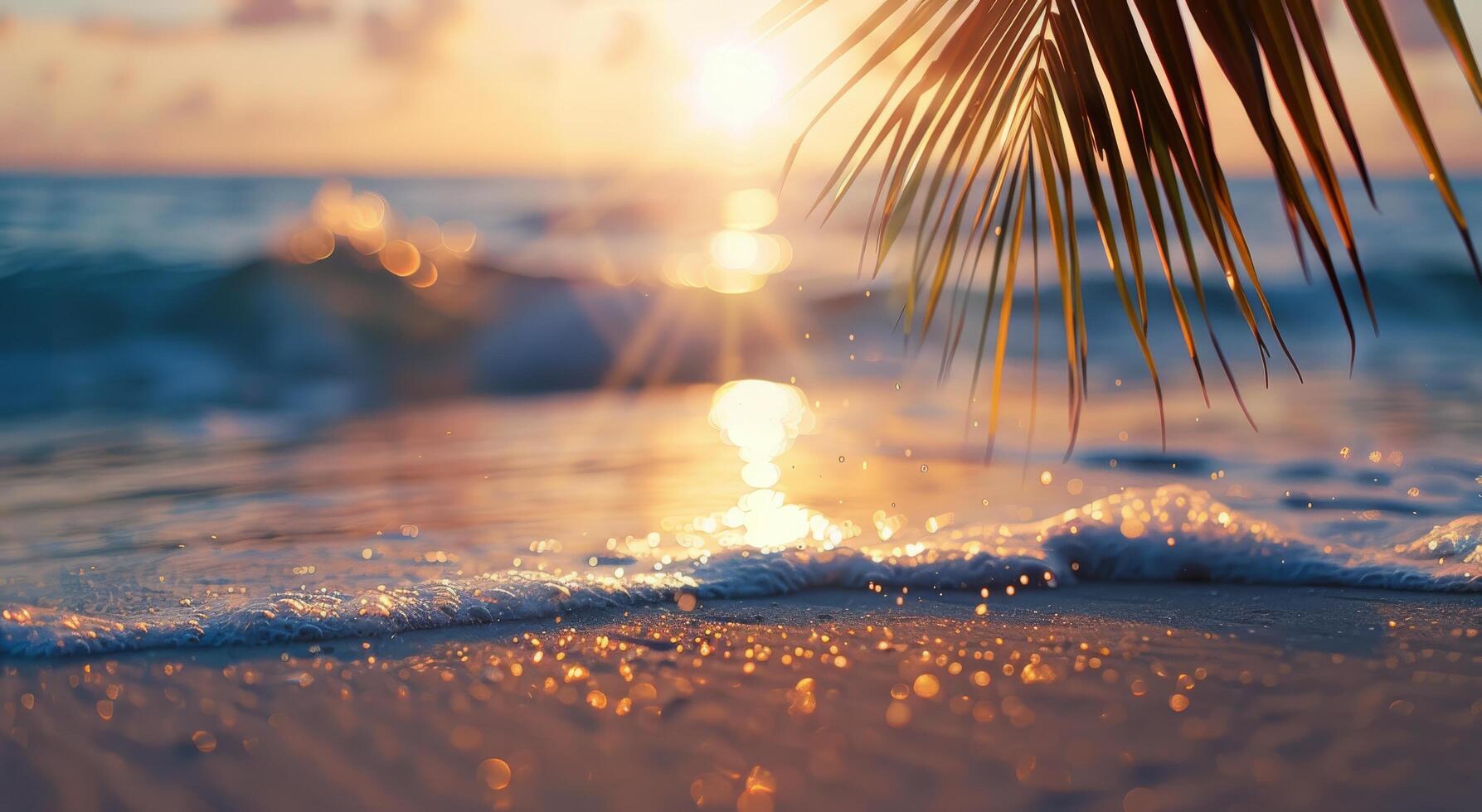 Sunset Over Ocean Waves With Silhouetted Palm Leaves on Tropical Beach photo