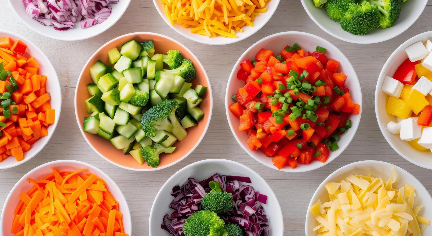 Freshly Chopped Vegetables in Colorful Bowls on a Kitchen Table photo