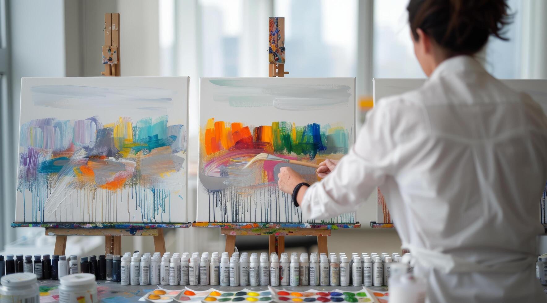 Artist Creating Vibrant Abstract Paintings in Bright Studio During Daytime photo