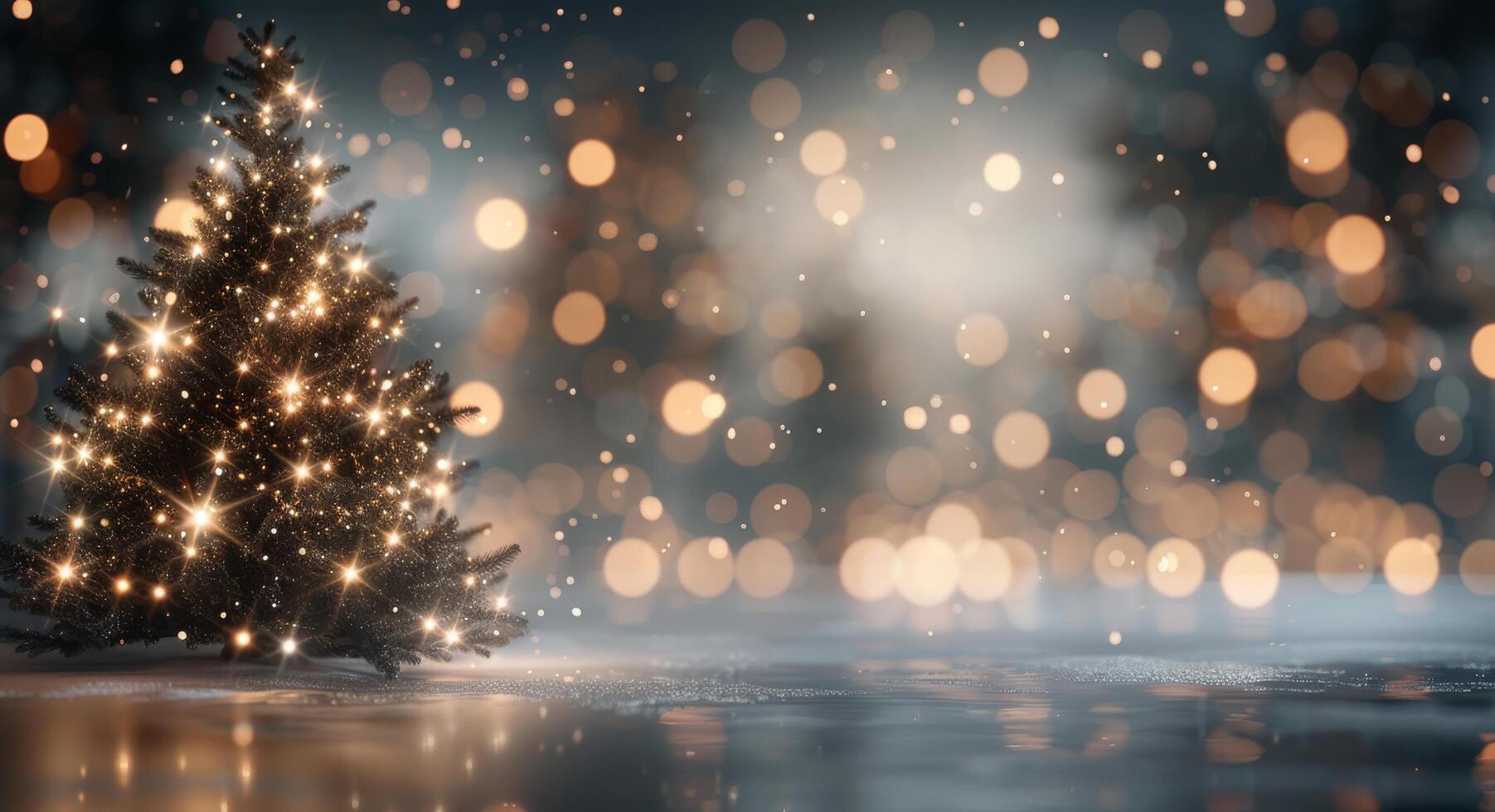 Sparkling Christmas Tree in Snow With Warm Lights and Soft Bokeh Background photo