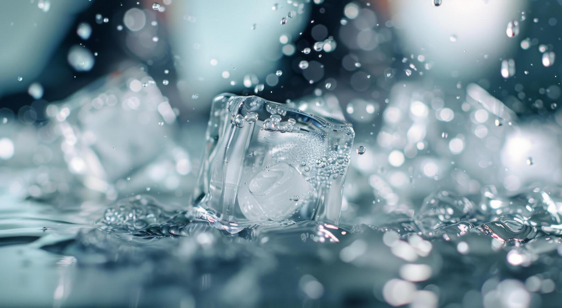 Ice Cubes Forming Bubbles in Water on a Dark Background photo