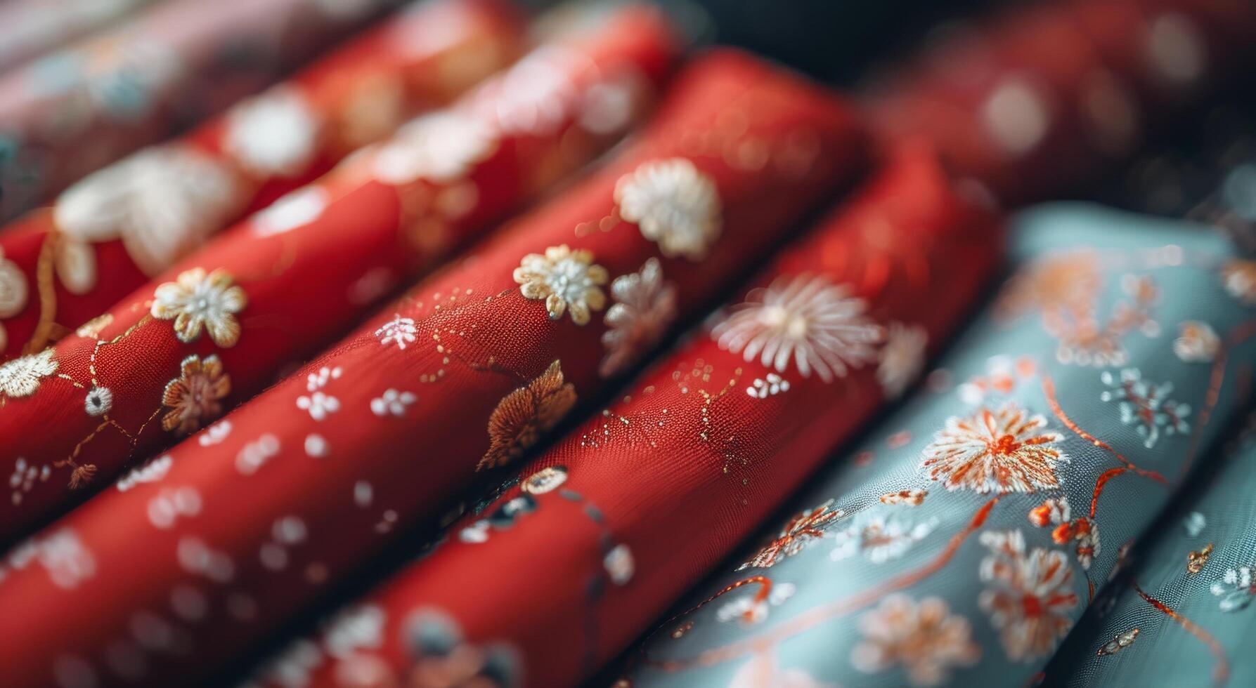Elegant Embroidery on Red Fabric With Delicate Floral Design and Soft Background Lights photo