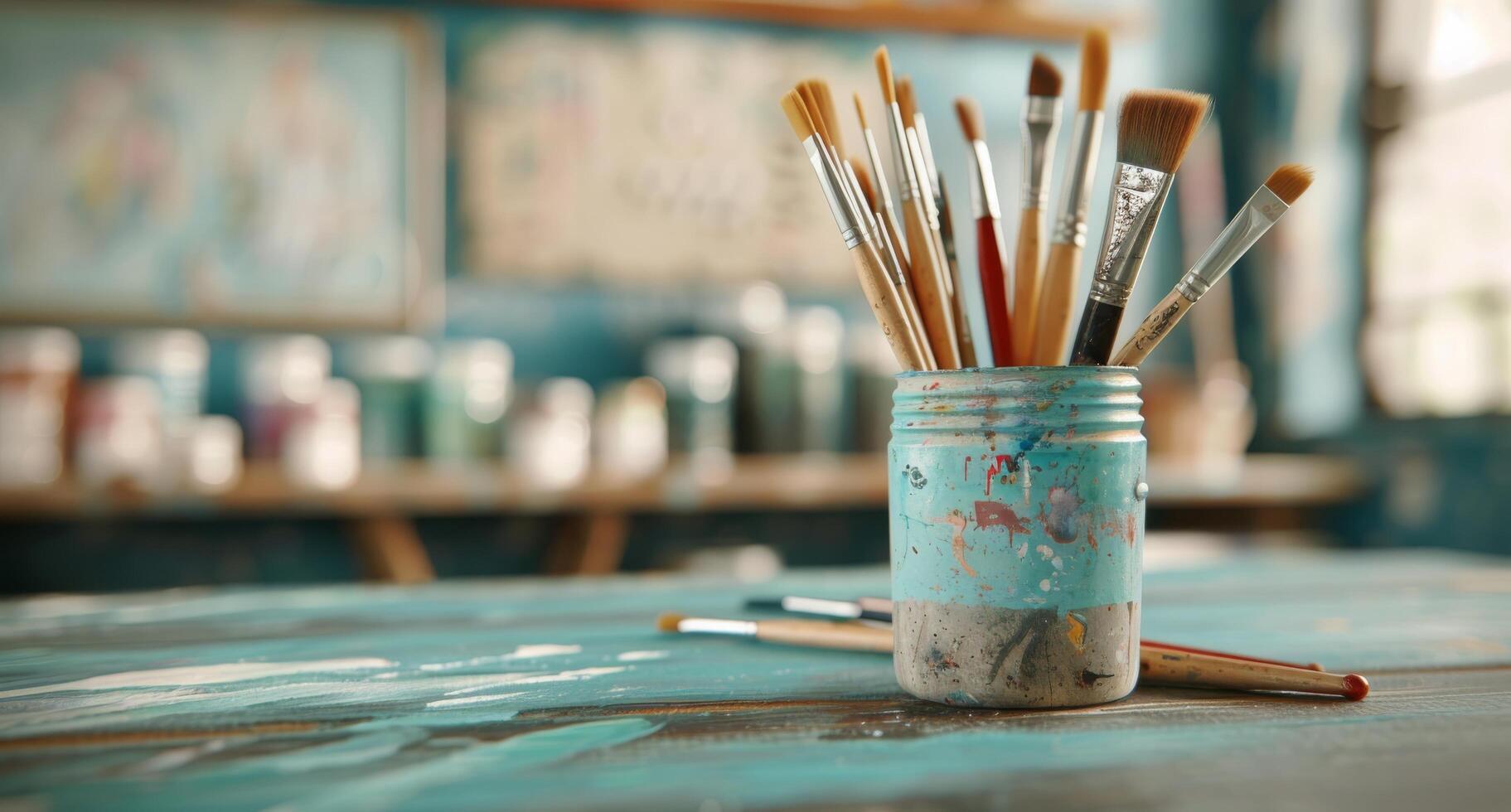 Art Studio Jar Filled With Paintbrushes on a Colorful Table photo