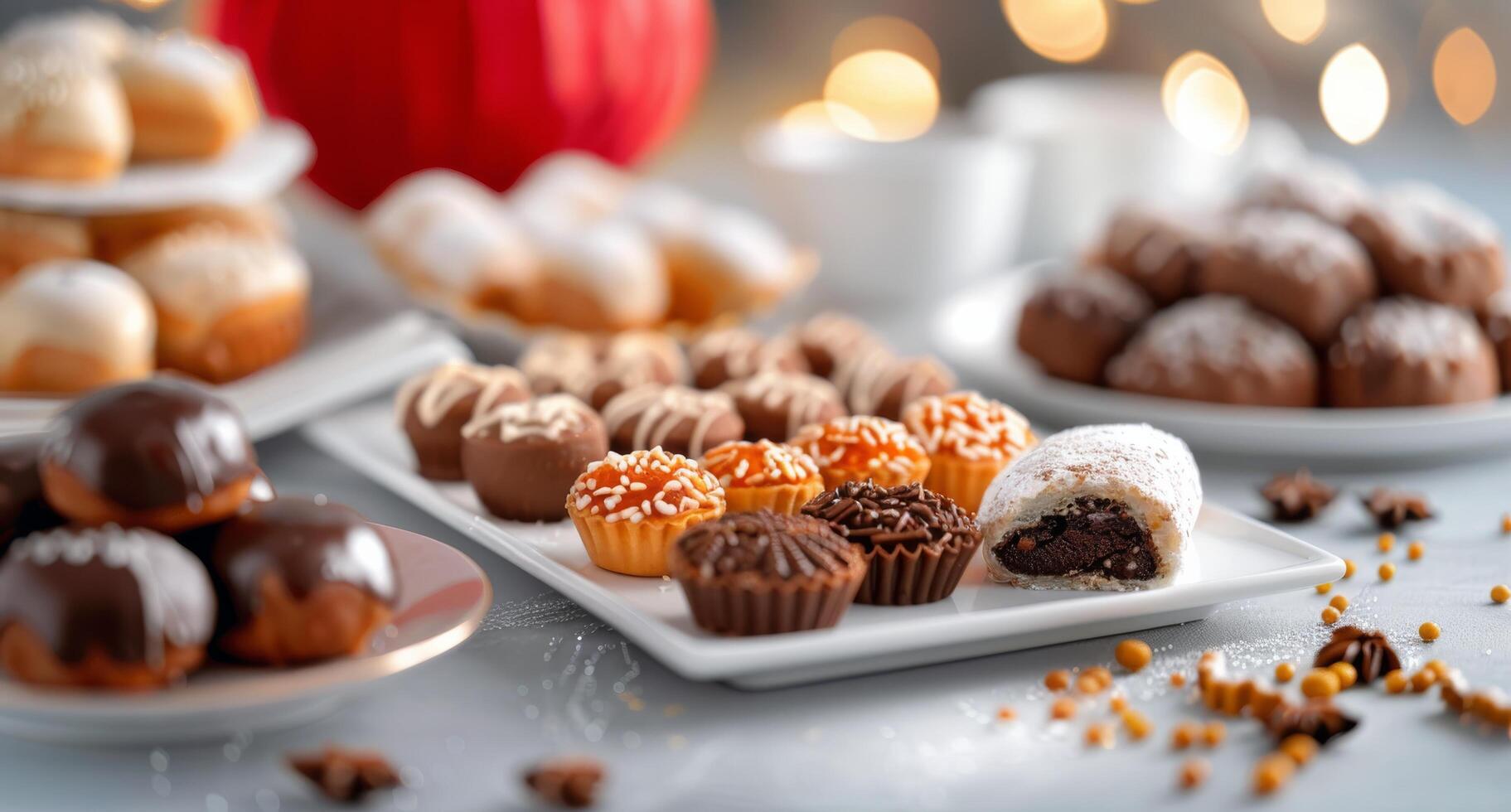Assorted Holiday Cookies and Treats Served With Tea on a Festive Table photo