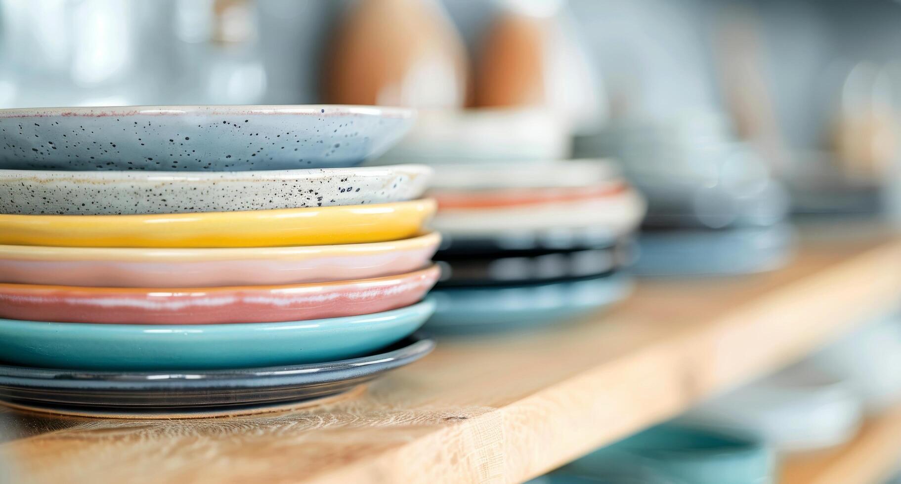 Colorful Stacked Bowls Displayed on a Wooden Shelf in a Market photo