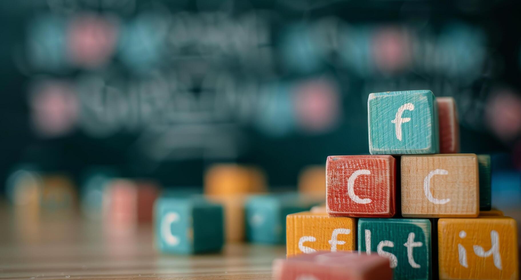 Colorful Wooden Blocks Stacked in Classroom During Learning Activity photo