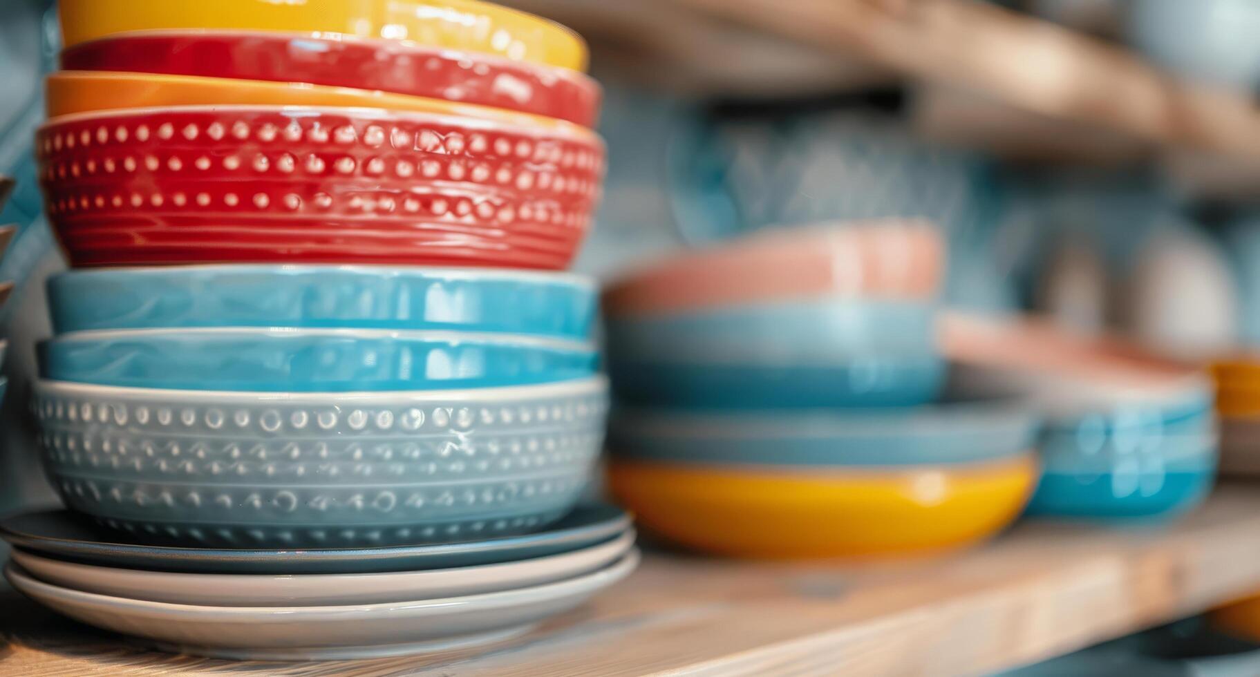 Colorful Dinnerware Stacked on Wooden Shelf in Bright Kitchen photo