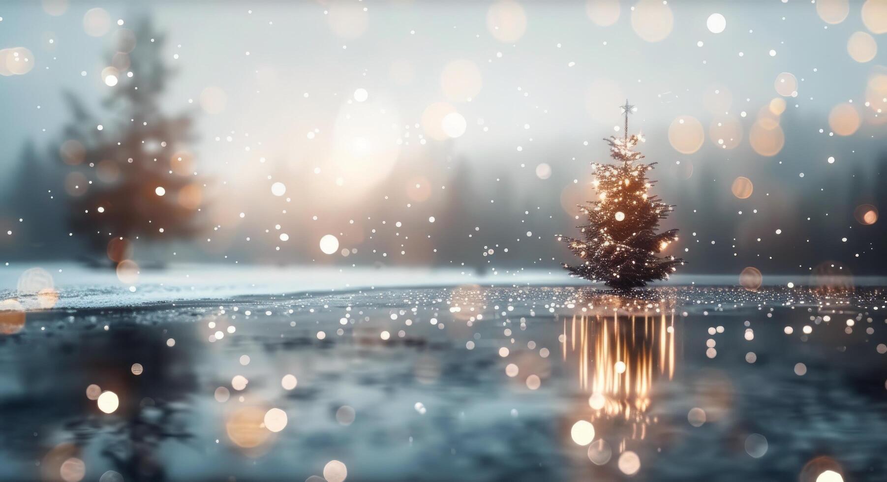 Decorated Christmas Tree Under Falling Snow With Soft Glowing Lights in Winter Evening photo