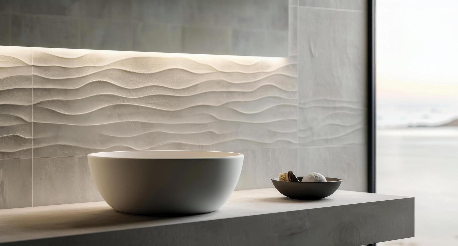 Modern Bathroom Sink Arrangement in Contemporary Design With Textured Wall photo