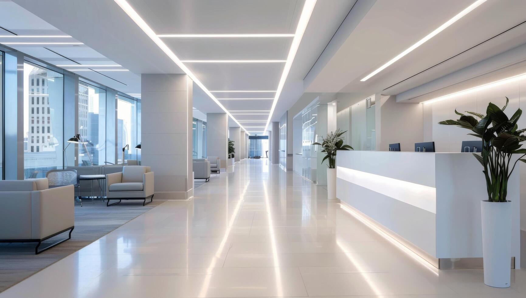 Modern Reception Area With Bright Lighting and Minimalist Design photo