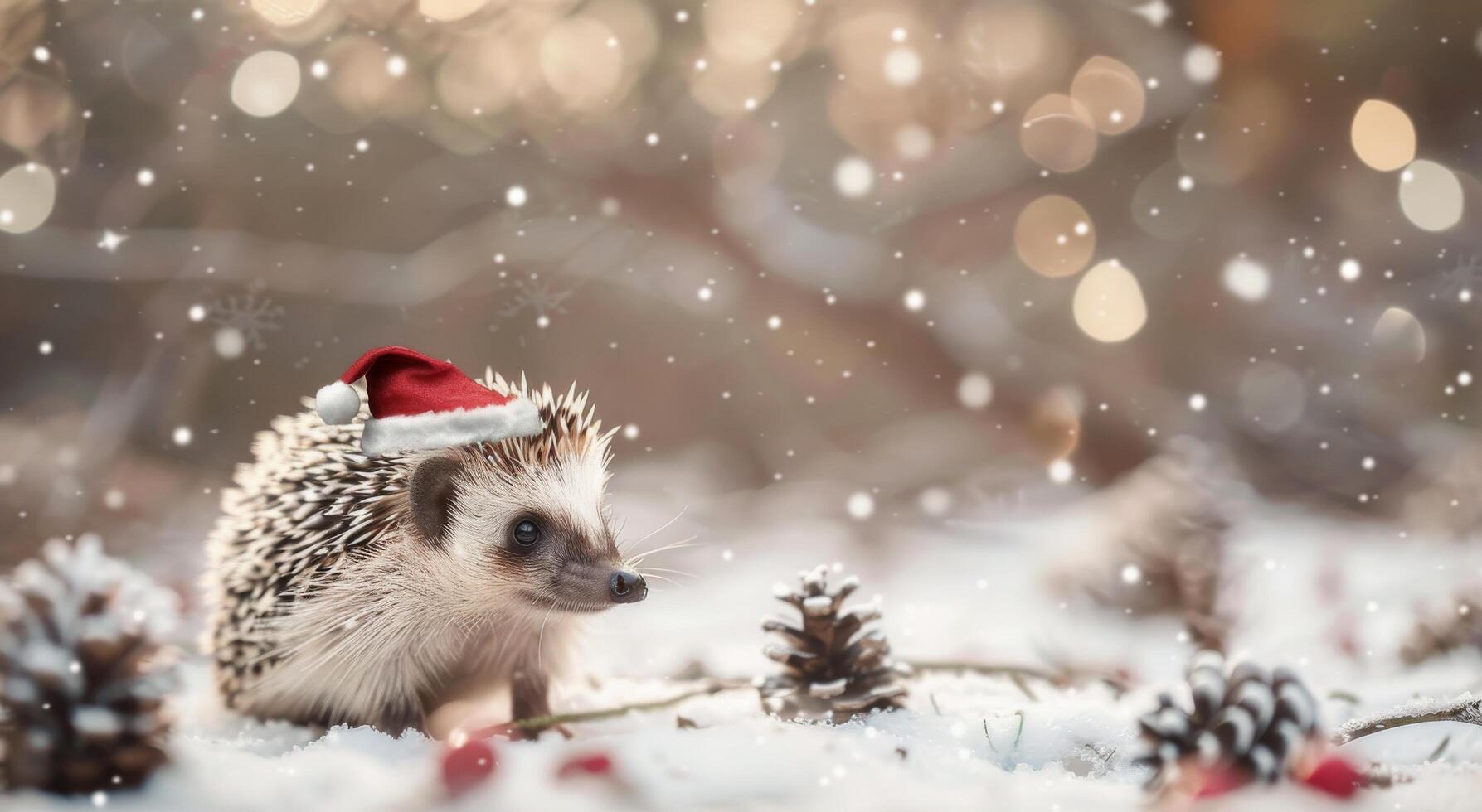 Hedgehog Wearing Red Winter Hat Among Pine Cones in Snowy Forest photo