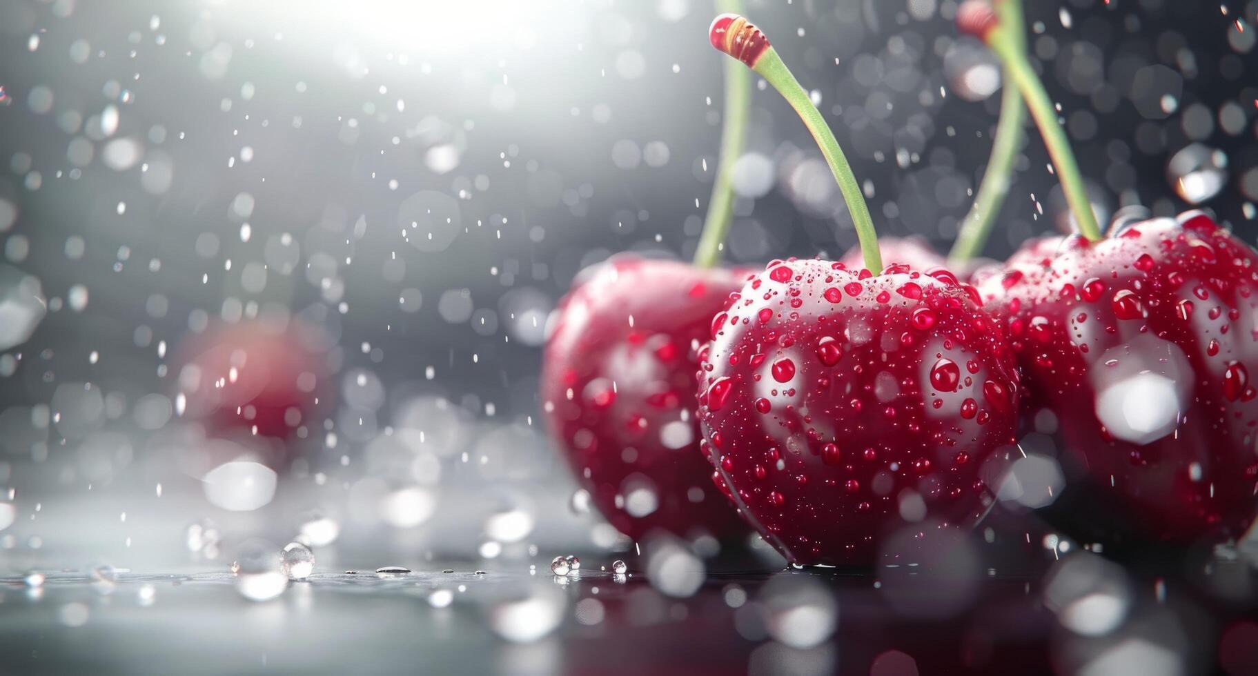 Fresh Red Cherries Covered in Raindrops on a Cool Surface photo