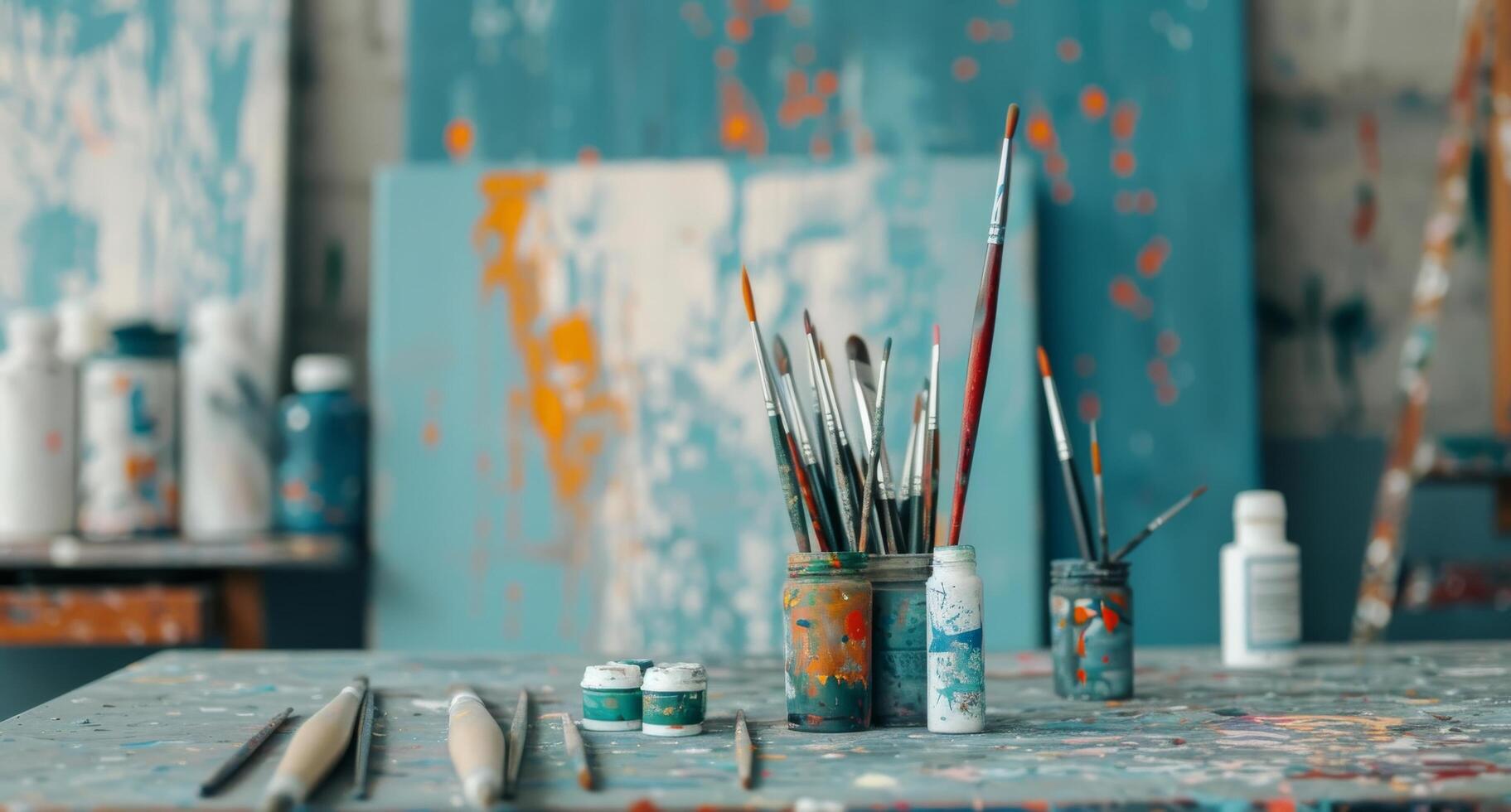 Art Supplies Arranged on a Colorfully Painted Table in a Creative Studio photo