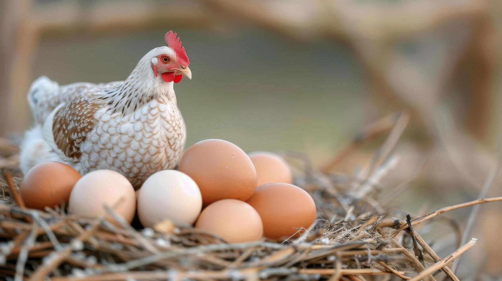 Hen Nesting With Fresh Eggs in A Rustic Setting photo