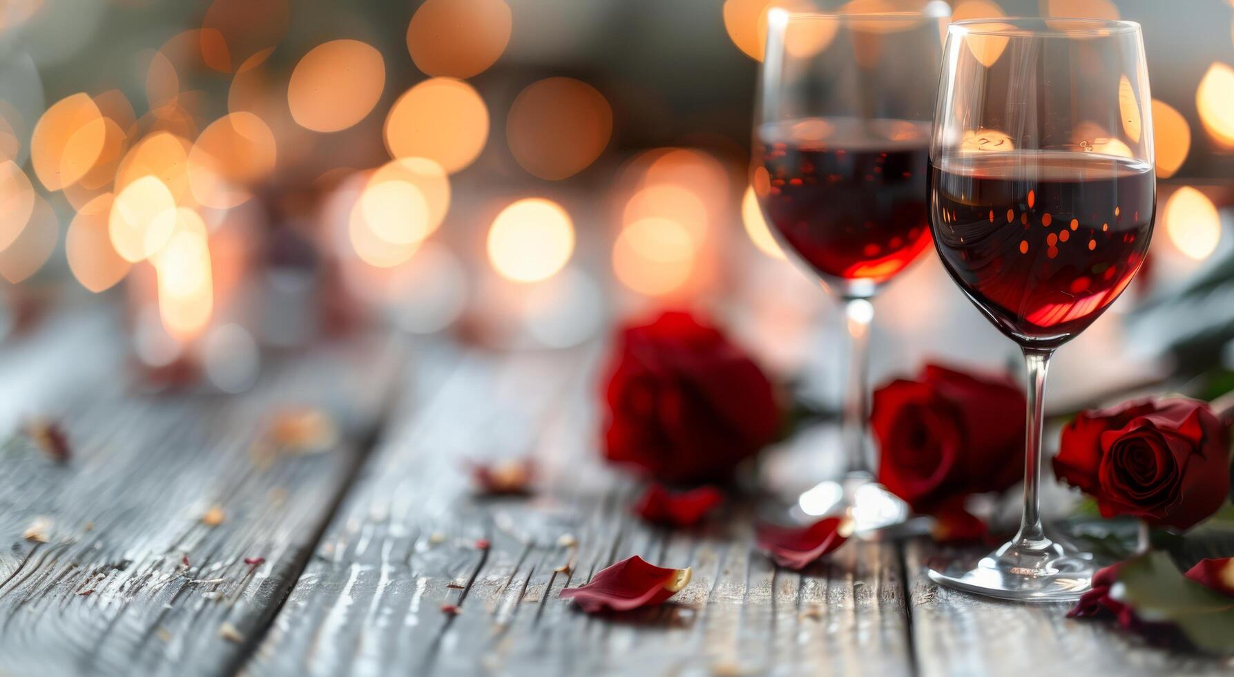 Romantic Evening With Red Wine and Roses on Rustic Wooden Table photo