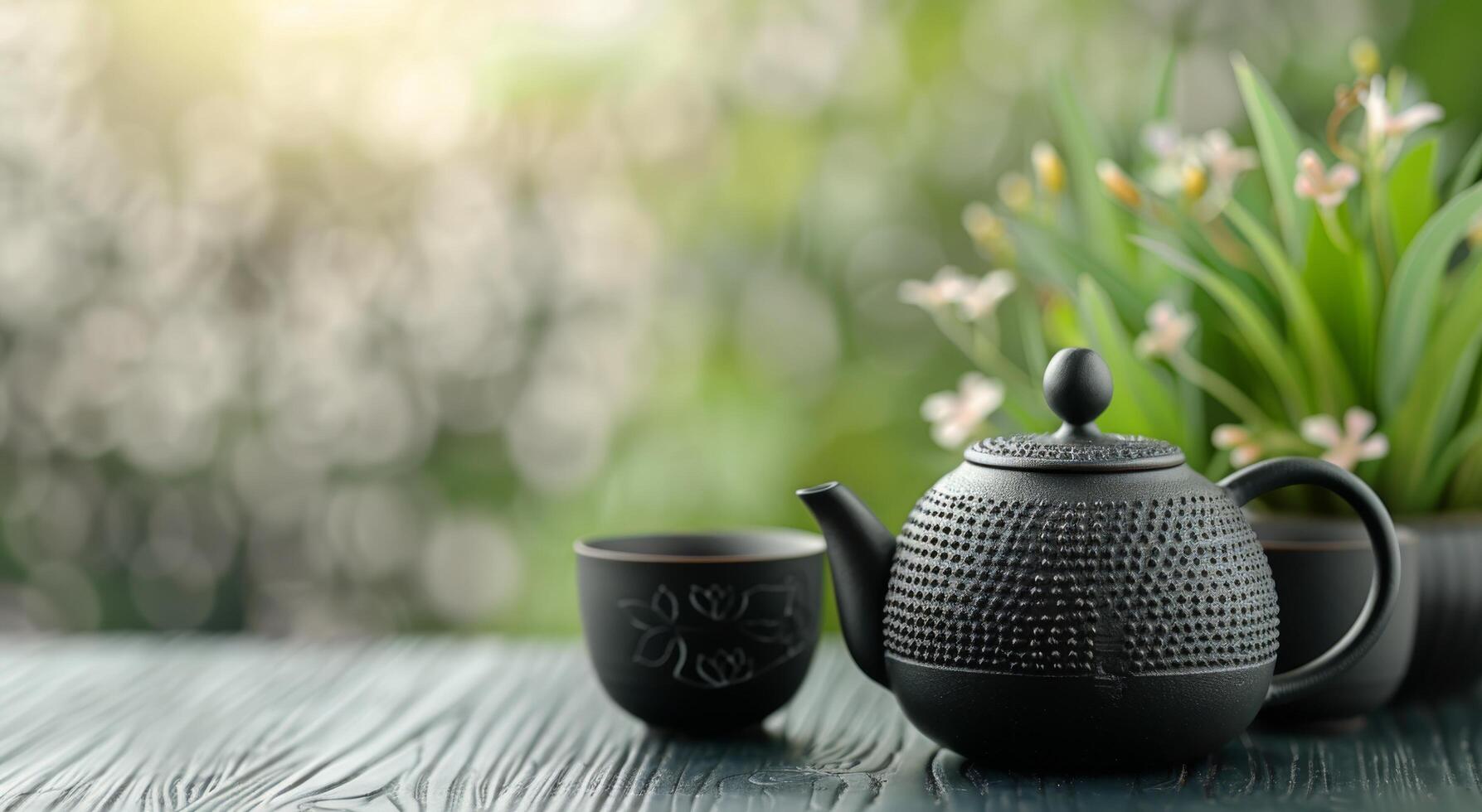 Delicate Tea Set With Teapot and Cups on Wooden Table Surrounded by Orchids photo