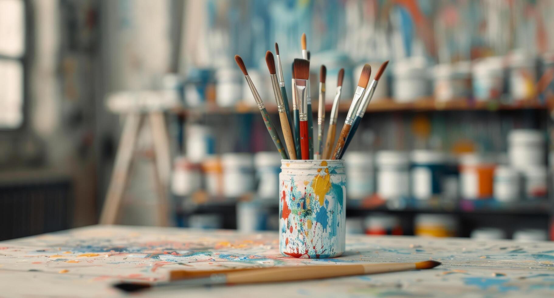Art Studio Jar Filled With Paintbrushes on a Colorful Table photo