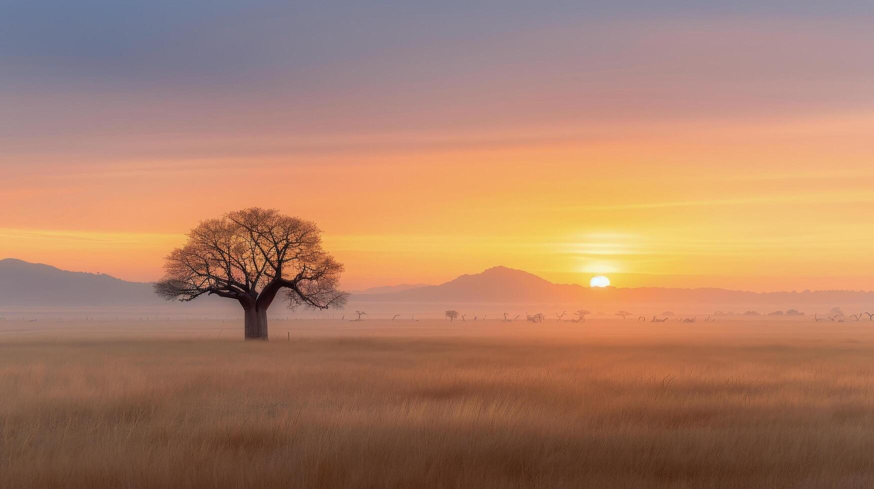 Majestic Sunrise Over Foggy Grasslands With Lone Tree in the Background photo
