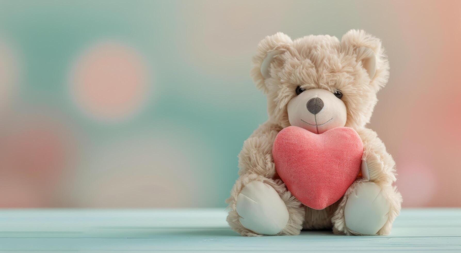 Adorable Teddy Bear Holding Pink Heart Against Soft Blue Background photo