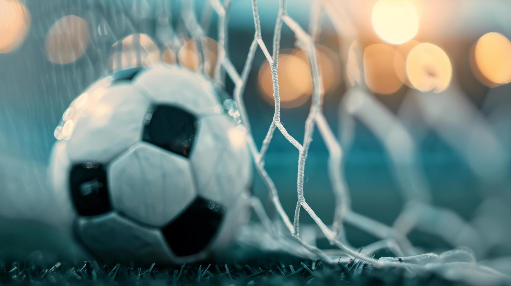 Soccer Ball Nestled in Goal Net During Evening Match photo