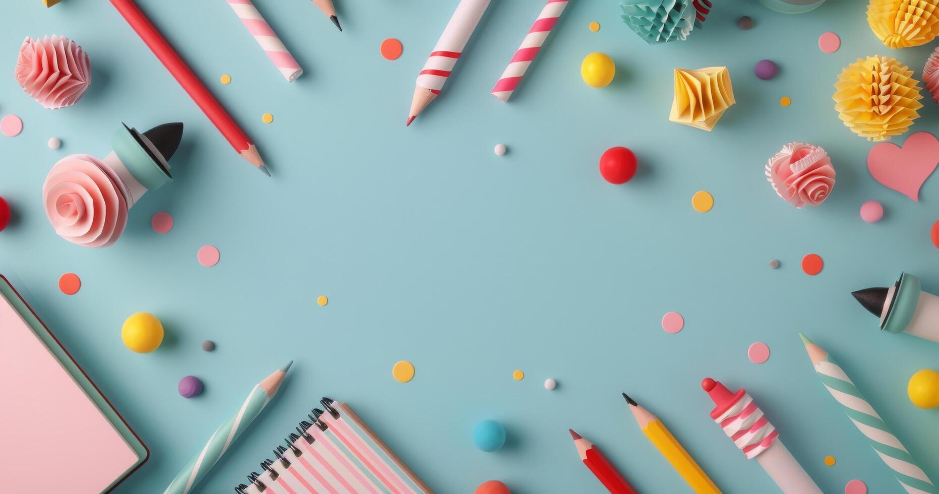 Colorful Stationery and Craft Supplies on Light Blue Background photo