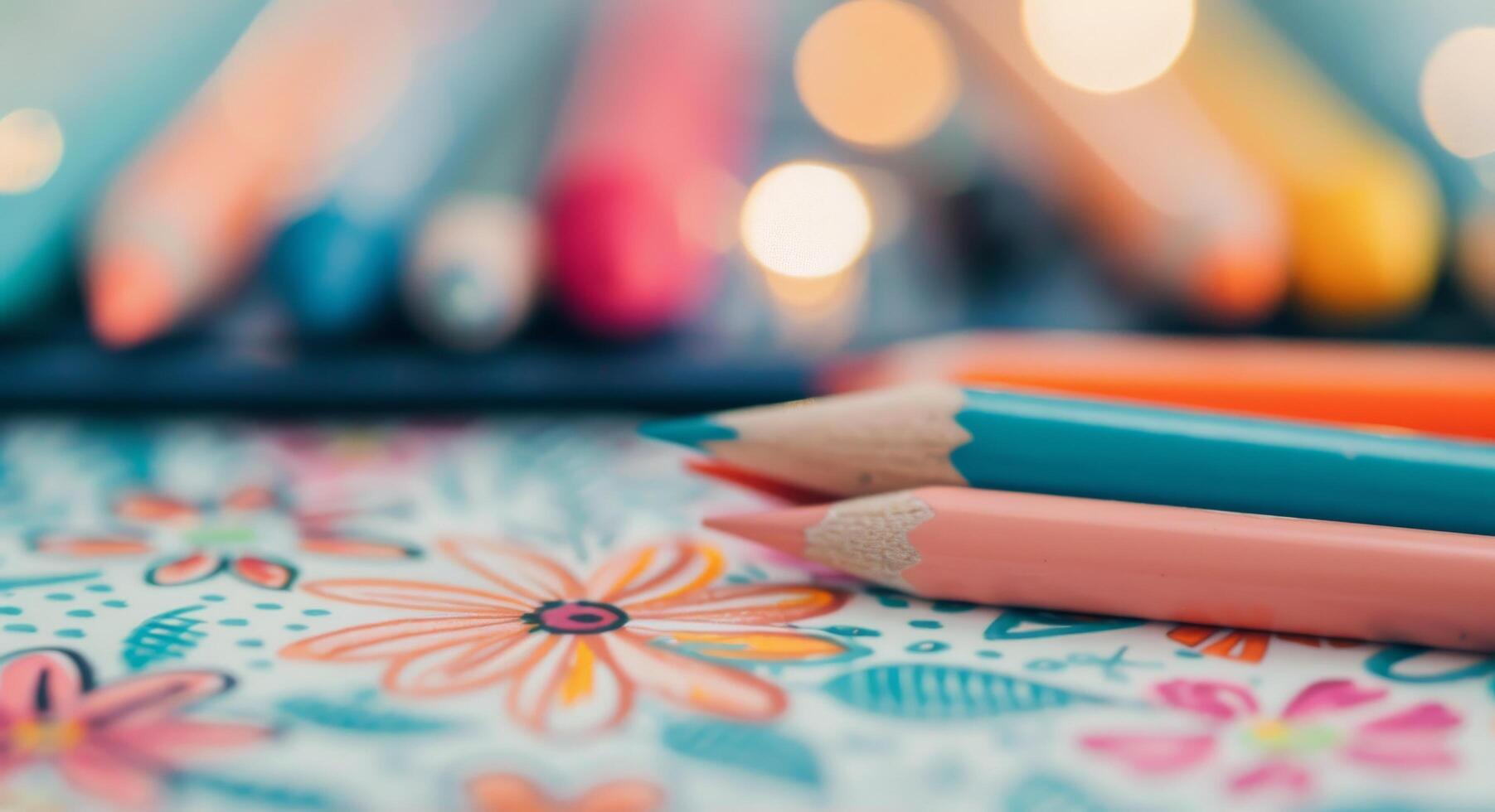 Colorful Pencils on Flower Patterned Paper With Blurred Background Lights photo