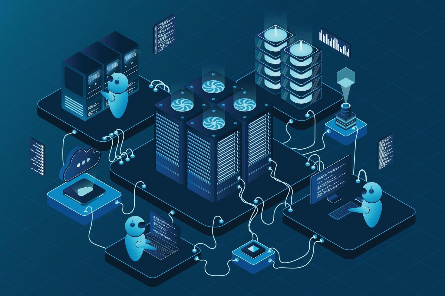 Isometric data center or server room. Data center connection network. Cloud storage. Isometric high technology concept. illustration vector