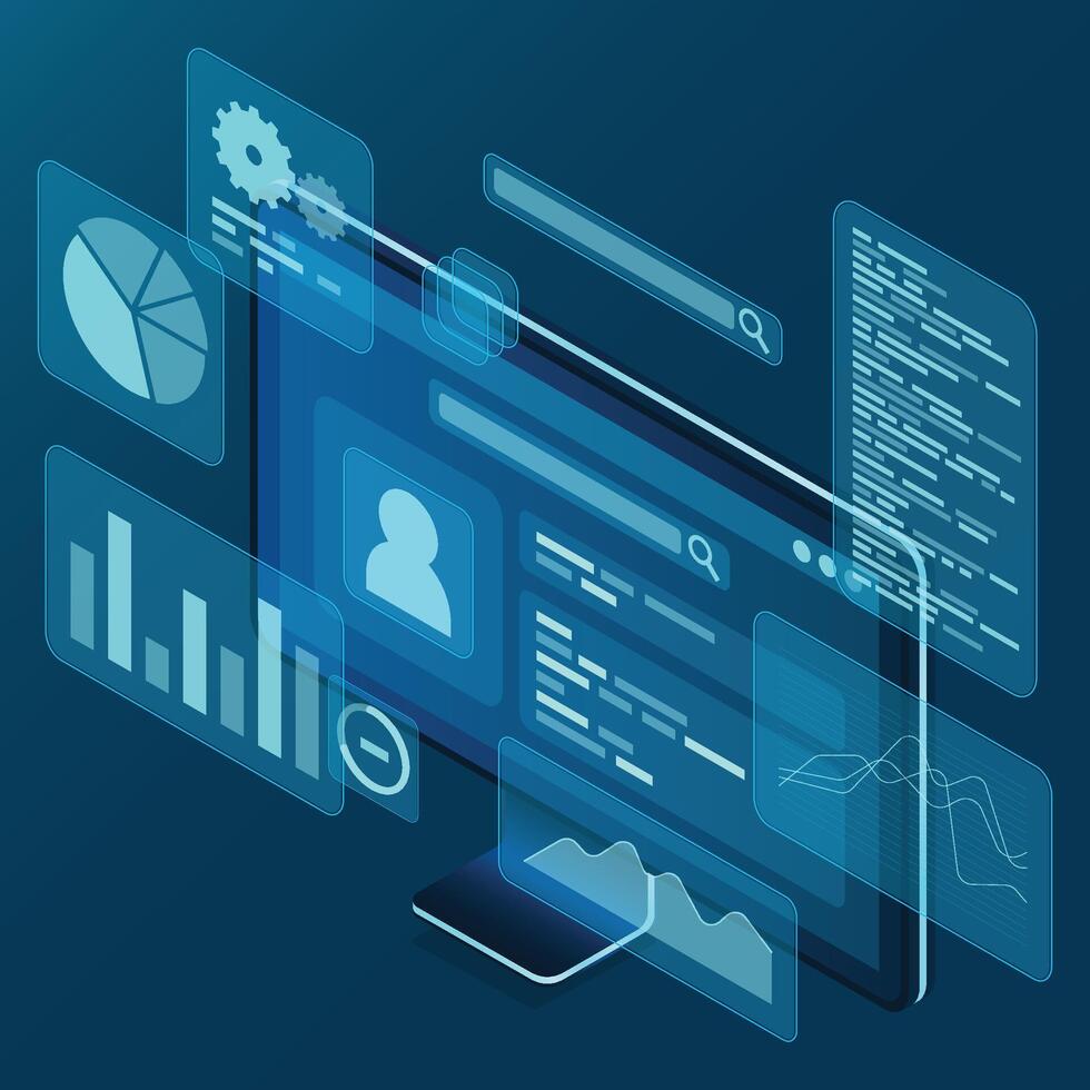 computadora monitor con azul virtual holográfico proyecciones con gráficos y cartas para datos análisis. analítica datos en monitor. web desarrollo concepto vector