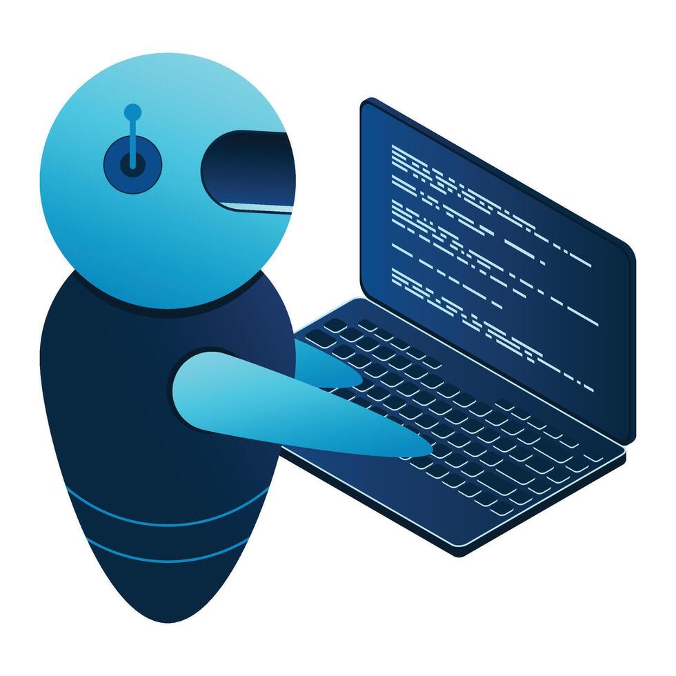 Futuristic robot interaction with computer. Isometric AI robot. Digital communication chatbots. illustration vector