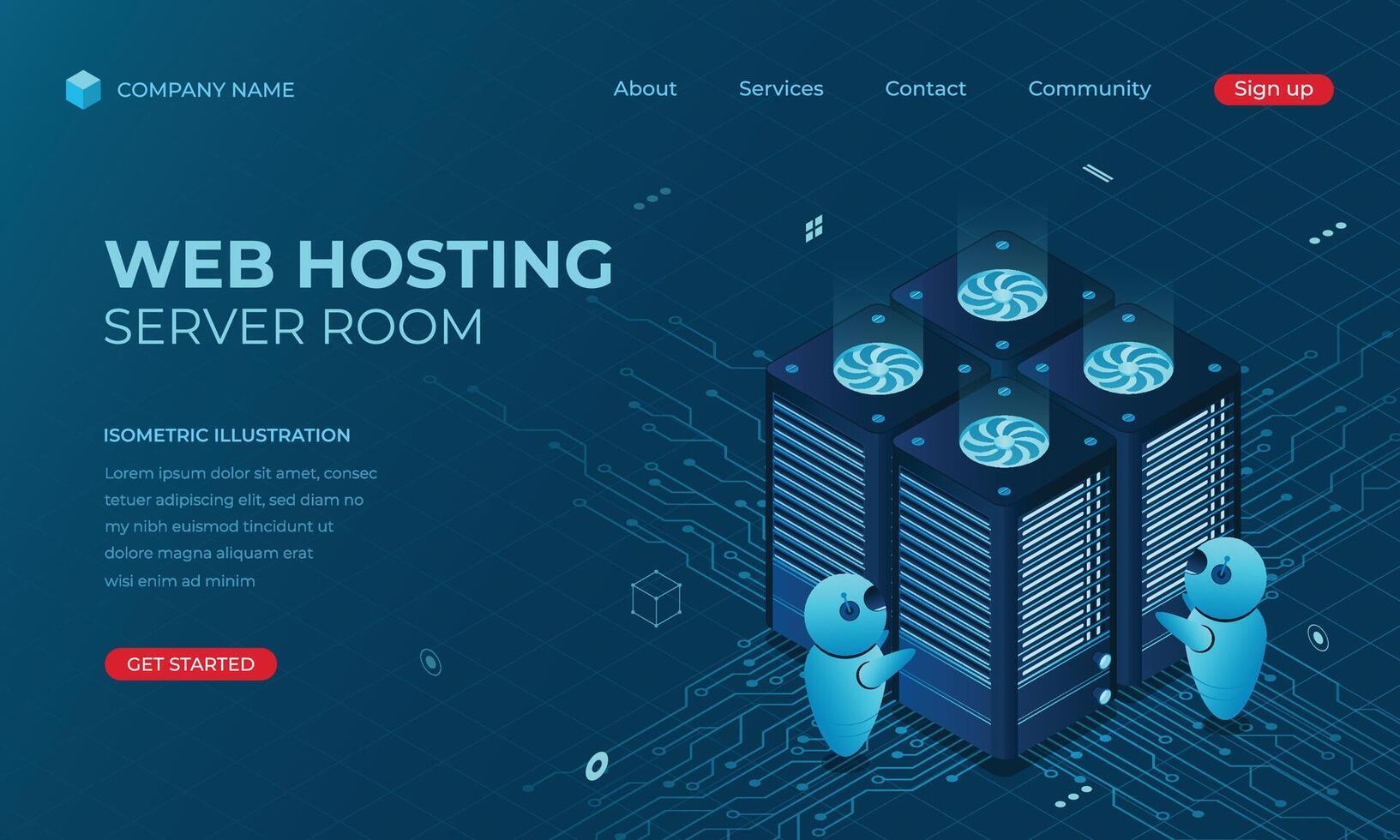 Isometric web hosting landing page concept. Concept of server hosting. Online computing technology. Digital technology website landing page vector