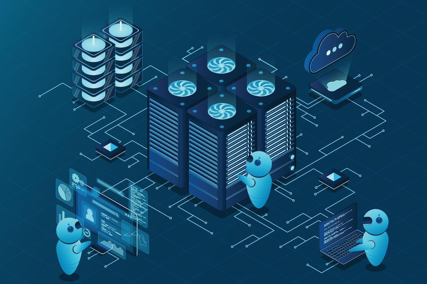 Data center and web hosting isometric concept. Cloud computing storage. Isometric server room rack. illustration vector