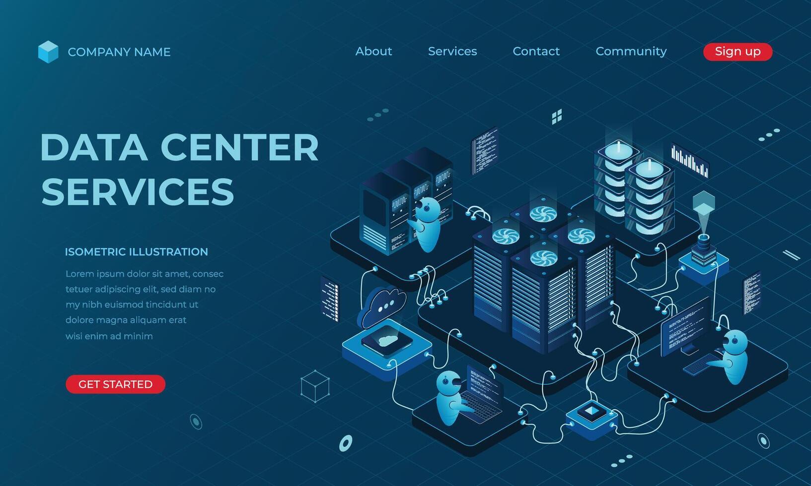Isometric data center landing page concept. Networking, database, cloud storage. Digital technology website landing page. illustration vector