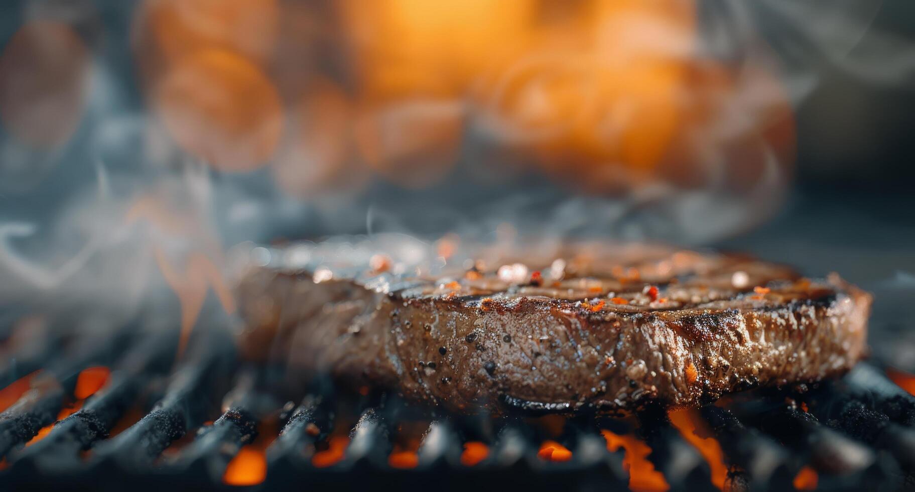 Grilling Juicy Steak on a Charcoal Barbecue in the Evening photo